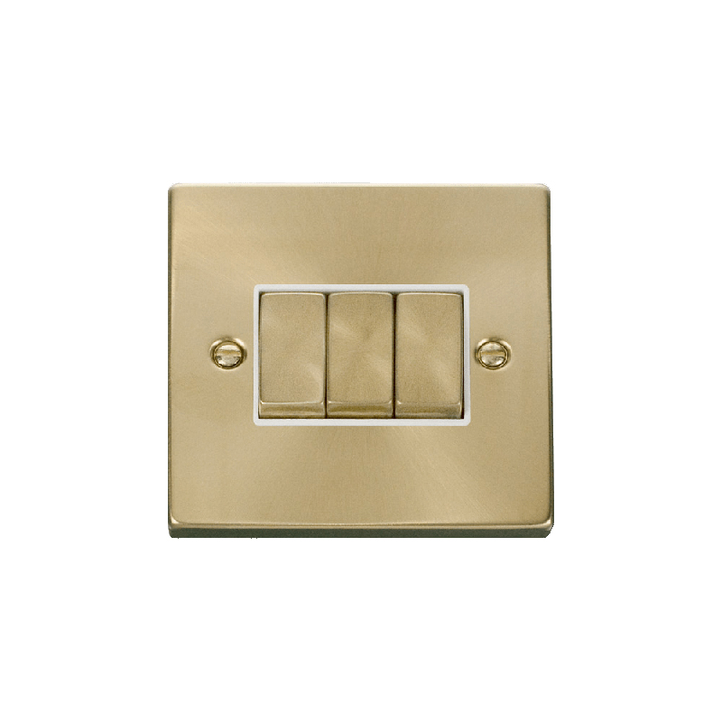 Click Deco 3 Gang 2 Way Ingot 10AX Switch Satin Brass White Inserts