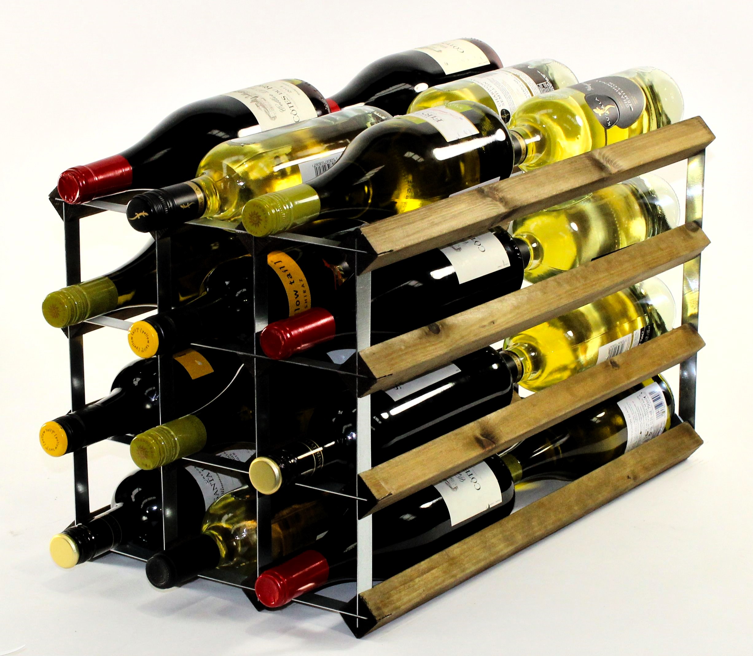 Double depth 24 bottle wine rack - Walnut stain wood - Galvanised metal