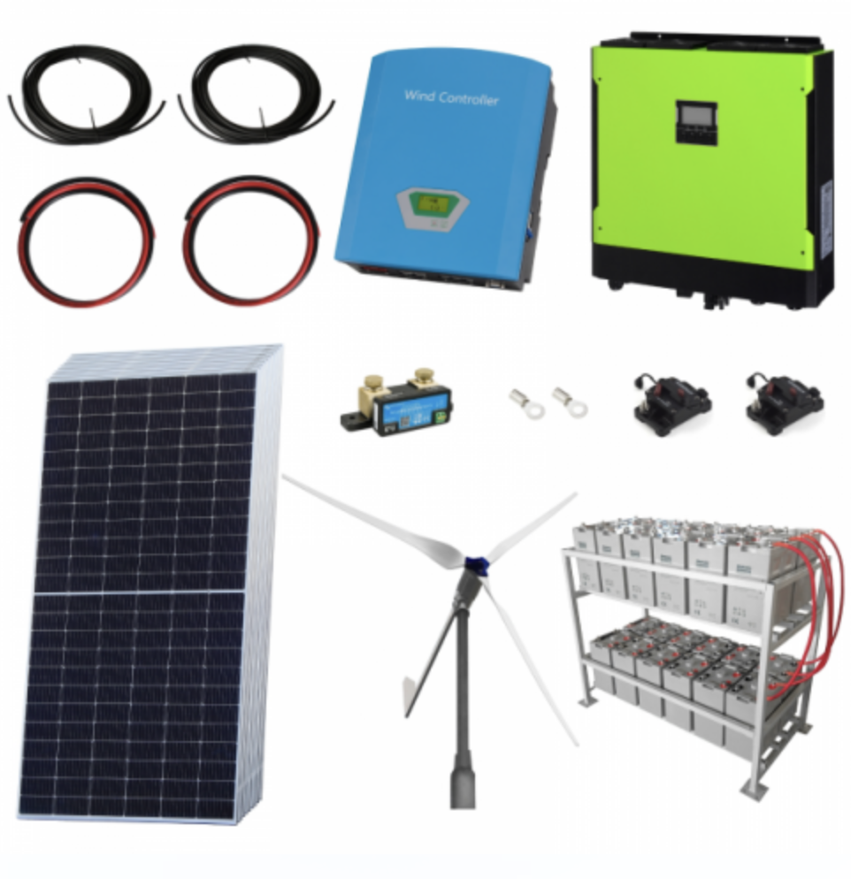 2Kw Grid-Tie Wind Power Kit With 5.4Kw Sharp Solar Panels, 5.5Kw Hybrid Inverter And 24Kwh Battery Bank
