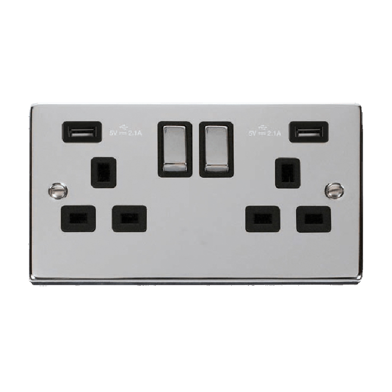 Click Deco 13A Ingot 2G Switched Socket With Twin USB 4.2A Outlets Polished Chrome Insert Black