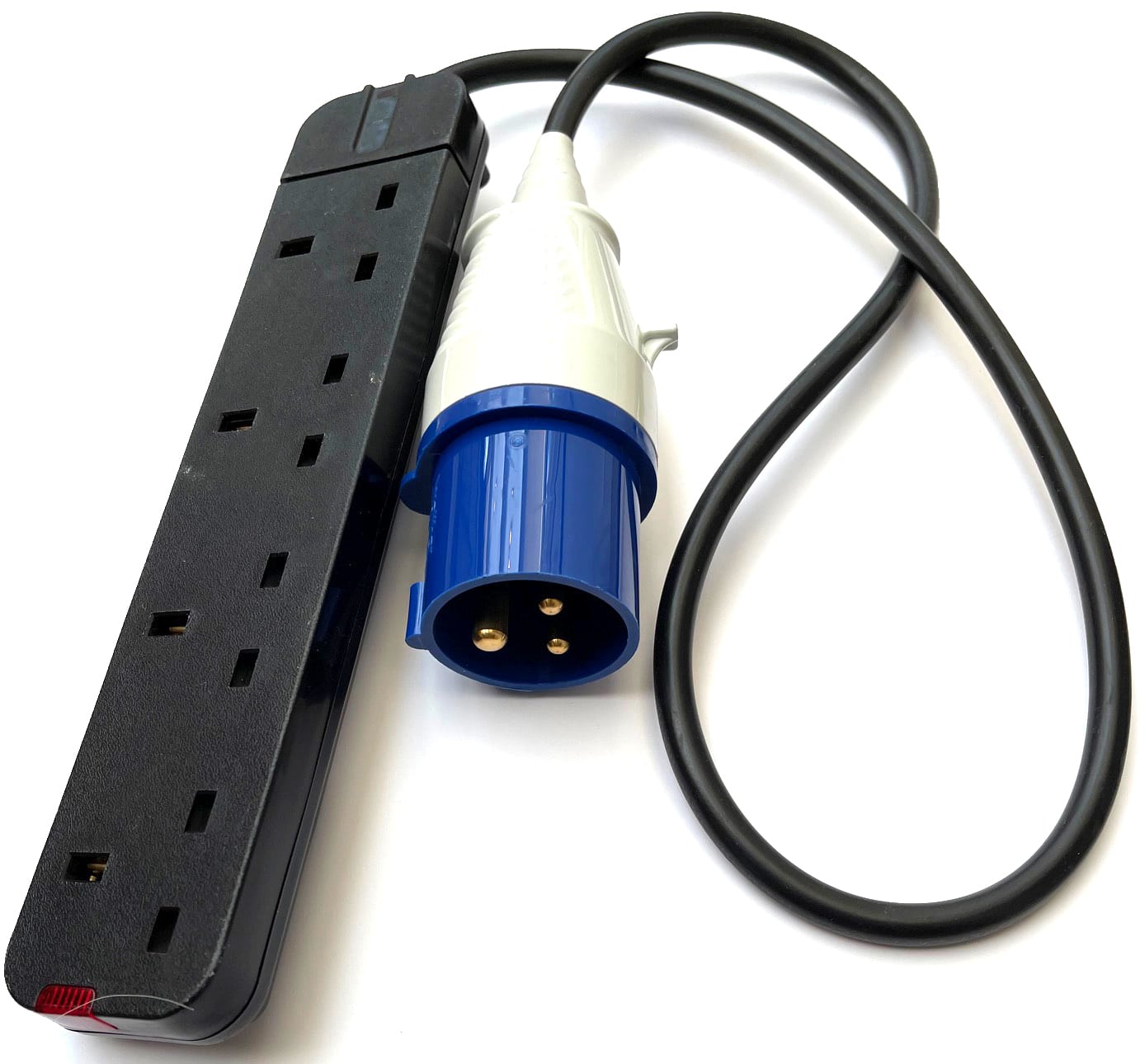 One Metre Fly Lead 16a Blue Commando Plug to 4 gang UK 3 pin sockets