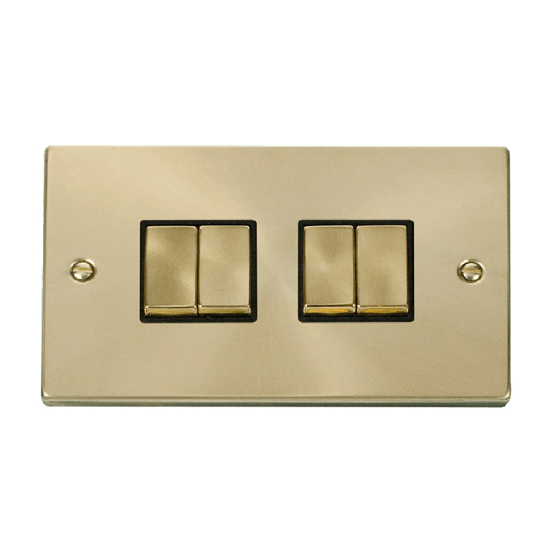 Click Deco 4 Gang 2 Way Ingot 10AX Switch Satin Brass Black Inserts