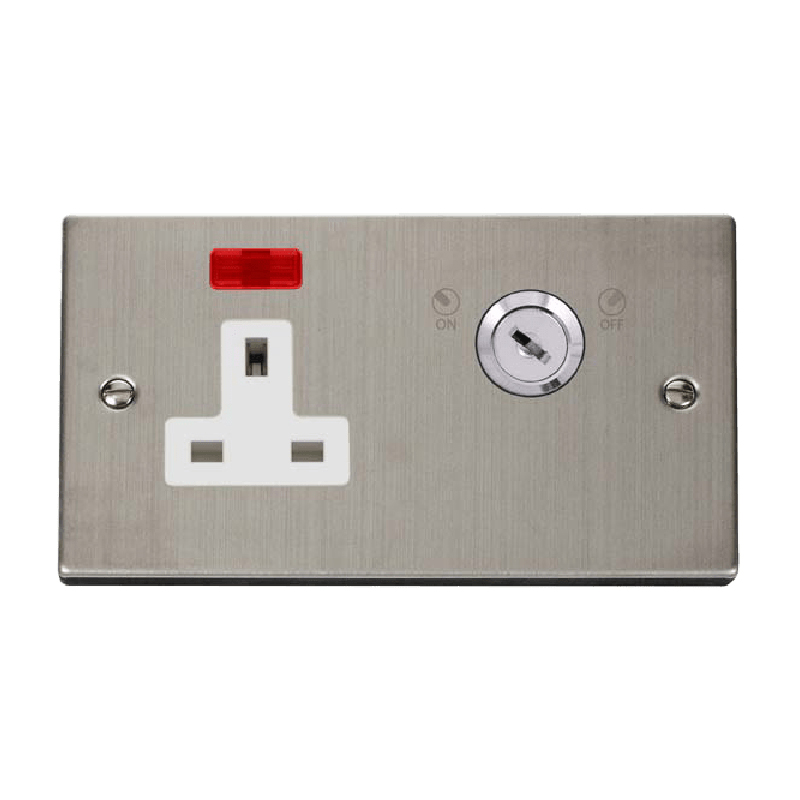 Click Deco 13A 1 Gang DP Key Lockable Socket With Neon Stainless Steel Insert White