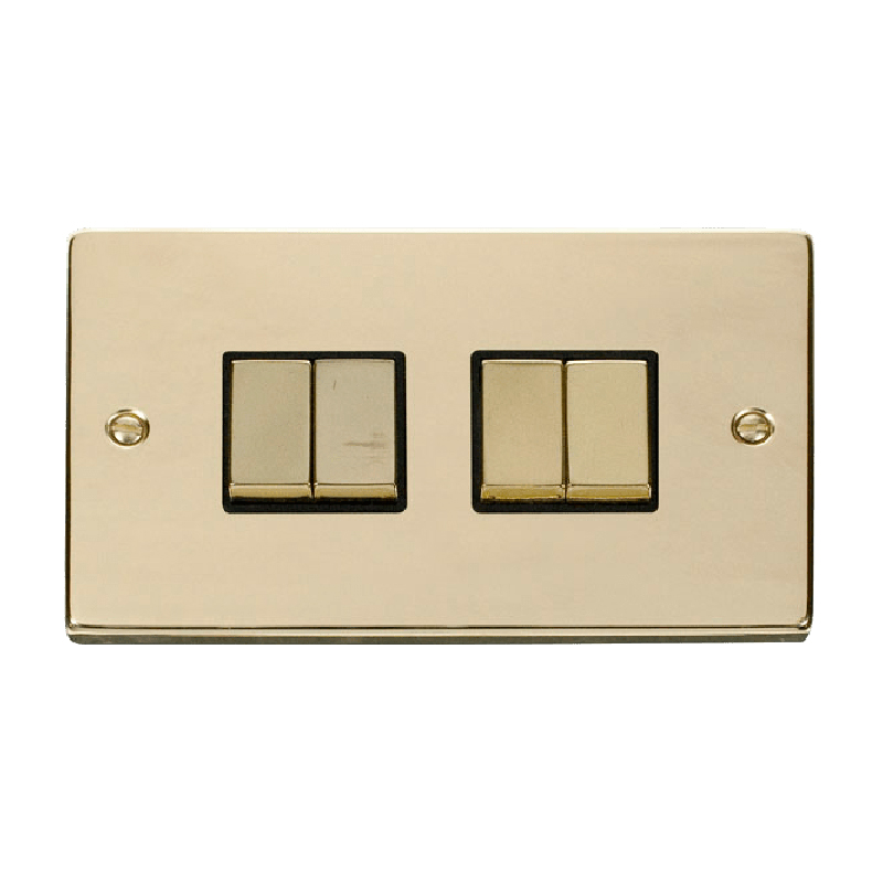 Click Deco 4 Gang 2 Way Ingot 10AX Switch Polished Brass Black Inserts