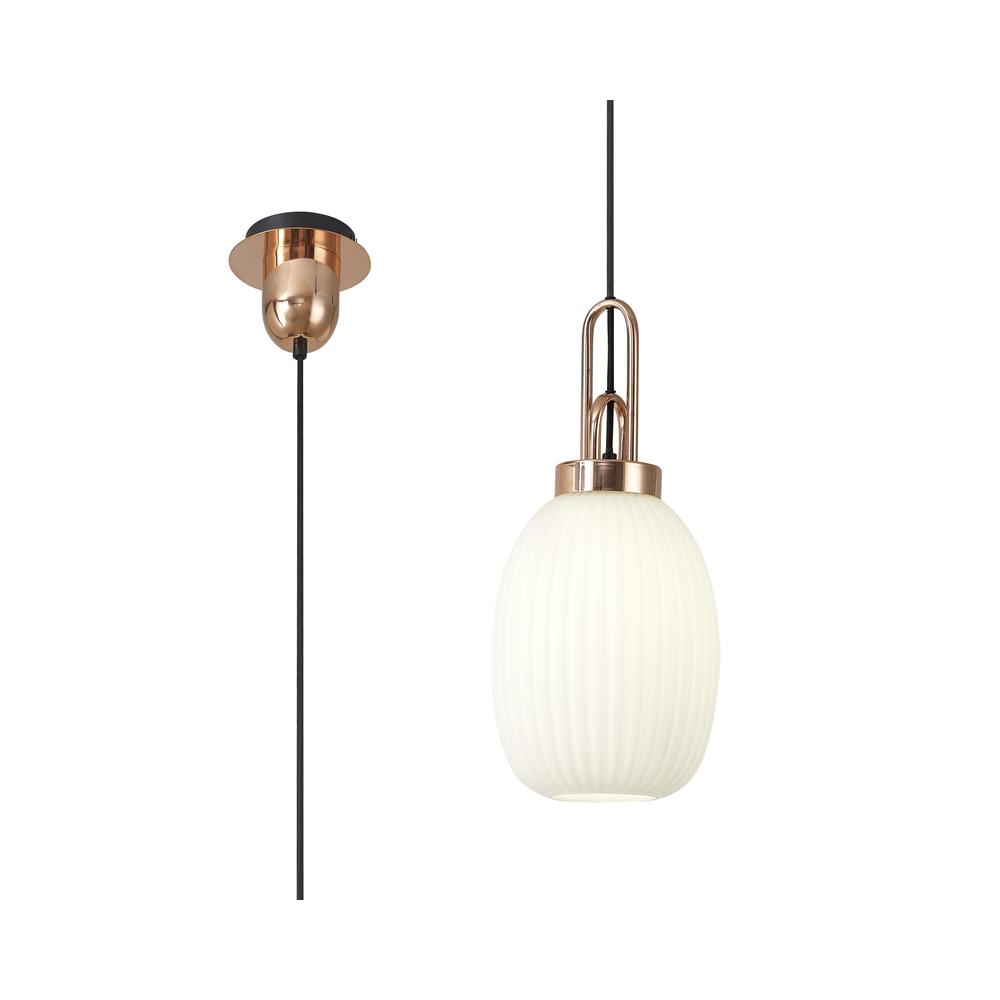 Luxuria Kennith Pendant Light E27 With 20cm Almond Ribbed Glass Opal Copper/Matt Black