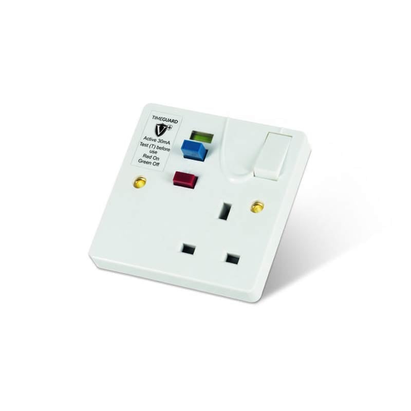 TimeGuard RCD Protected Single Gang White Switched Socket