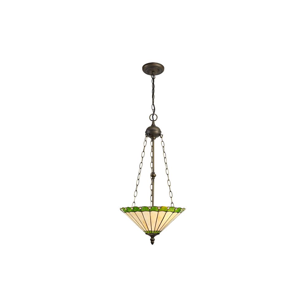 Luxuria Sleek 40.5cm 3 Light Uplighter Pendant E27 With 40cm Tiffany Shade Green/Cream/Crystal/Aged Antique Brass