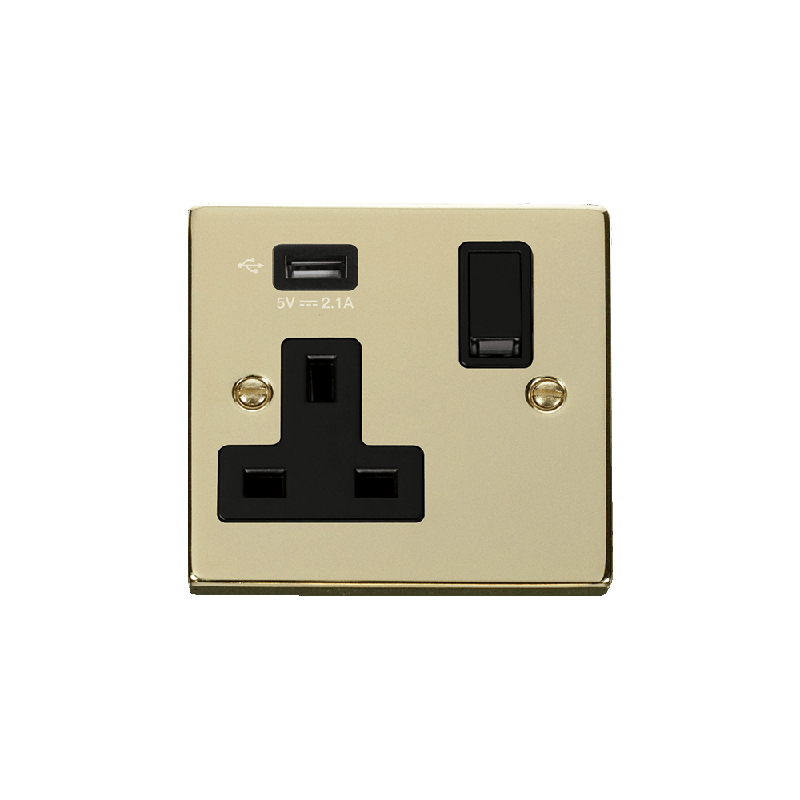 Click Deco 13A 1G Switched Socket with Single 2.1A USB Polished Brass Insert Black