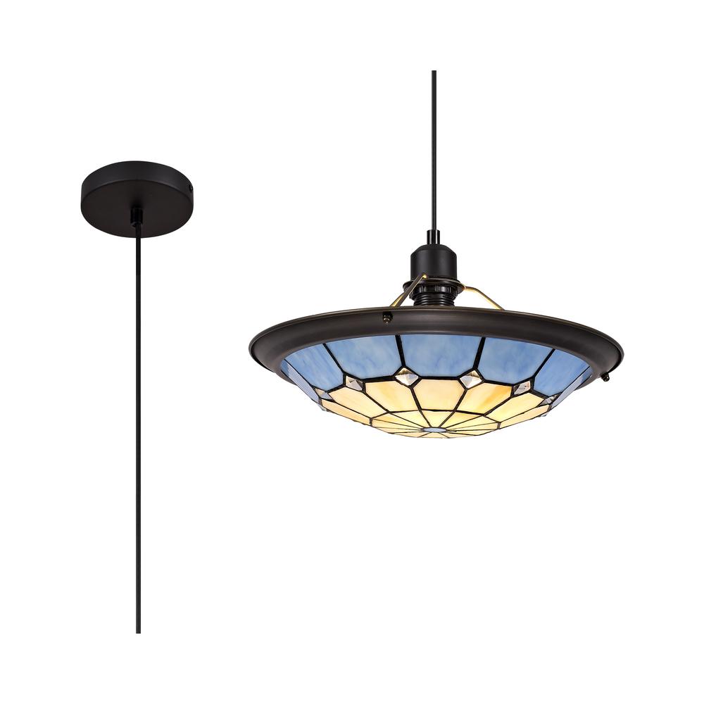 Luxuria Lotus Petal Pendant Light E27 With 35cm Tiffany Shade Cream/Rich Blue/Clear Crystal Centre/Aged Antique Brass Trim/Black