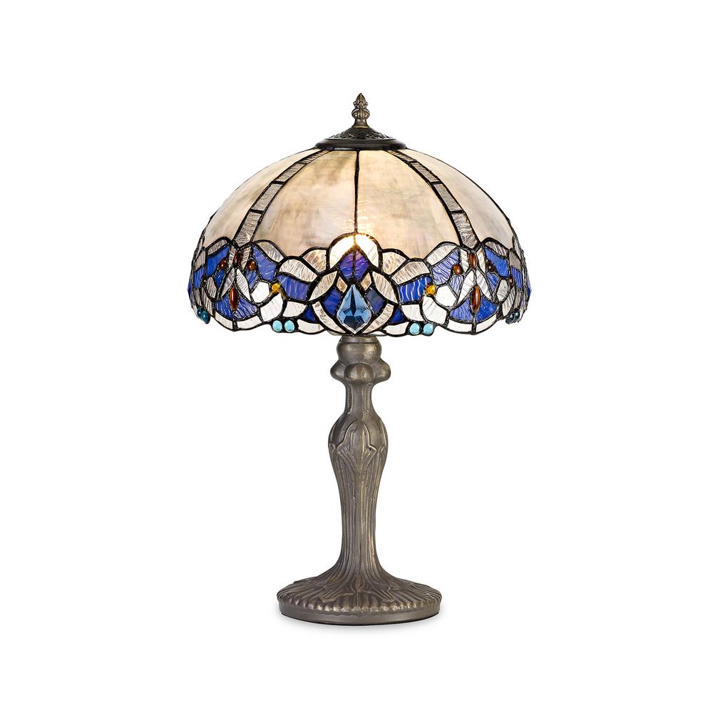 Luxuria Axis 1 Light Curved Table Lamp E27 With 30cm Tiffany Shade Blue/Clear Crystal/Aged Antique Brass