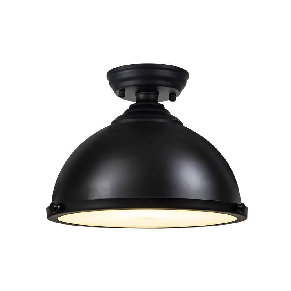 Luxuria Sirius Flush Ceiling Light E27 With Round 31cm Metal Shade Matt Black/Frosted White