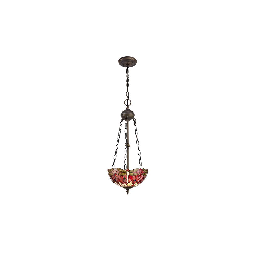 Luxuria Broadway 2 Light Uplighter Pendant E27 With 30cm Tiffany Shade Purple/Pink/Crystal/Aged Antique Brass