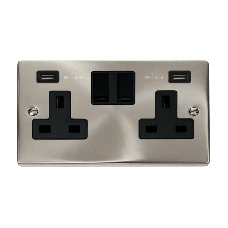 Click Deco 13A 2G Switched Socket with Twin 2.1A USB Outlets Satin Chrome Insert Black