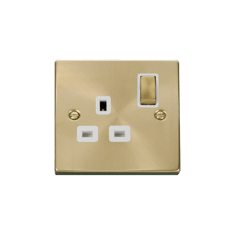 Click Deco 1 Gang 13A DP 'Ingot' Switched Socket Outlet Satin Brass Insert White