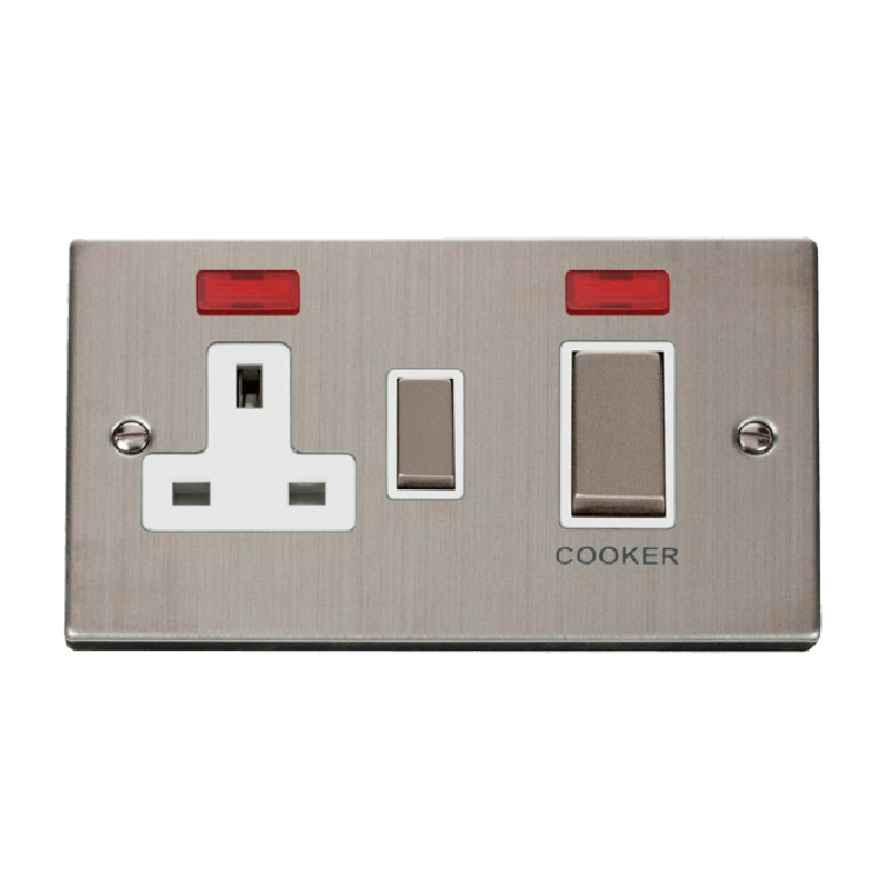 Click Deco 45A Ingot DP Switch with 13A Switched Socket and Neons Stainless Steel Insert White