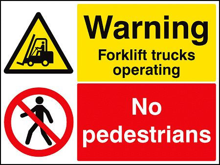 Warning forklift trucks operating no pedestrians