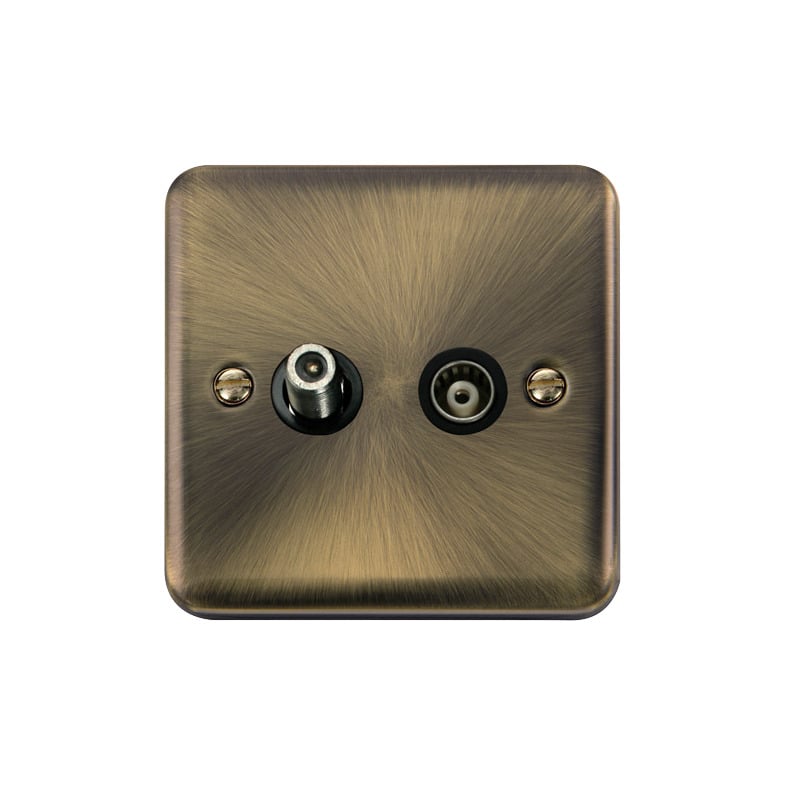 Click Deco Plus Twin Isolated Satellite & Isolated Coaxial Outlet Antique Brass Black Inserts