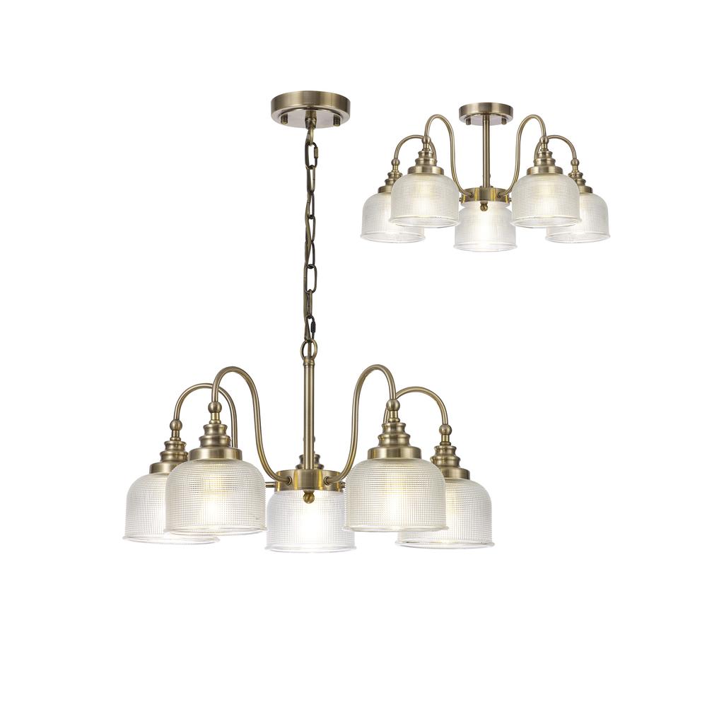 Luxuria Toussenel 57cm Semi Flush/Pendant 5 Light E27 Antique Brass/Prismatic Glass