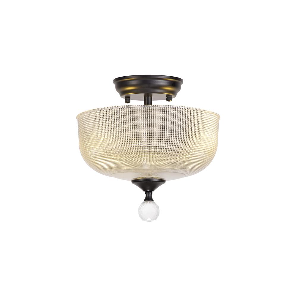 Luxuria Sirius Flush Ceiling Light 2xE27 With Round 26.5cm Prismatic Effect Glass Shade Matt Black/Clear