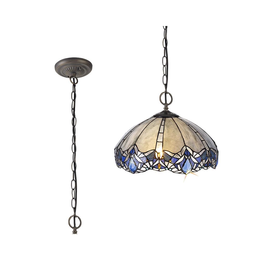 Luxuria Axis 41cm 3 Light Downlight Pendant E27 With 40cm Tiffany Shade Blue/Clear Crystal/Aged Antique Brass