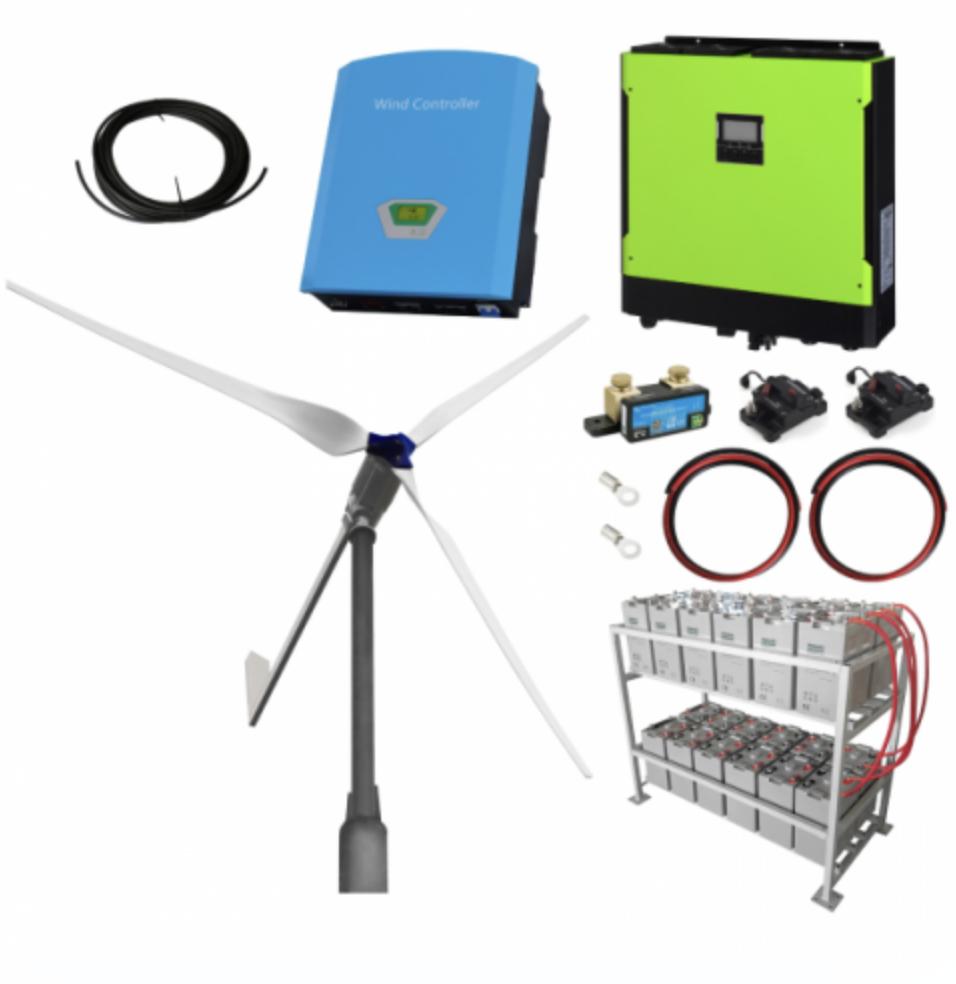 3Kw Grid-Tie Wind Turbine Kit With 5.5Kw Hybrid Inverter And 24Kwh Battery Bank For Export Of Wind Power Into The Grid