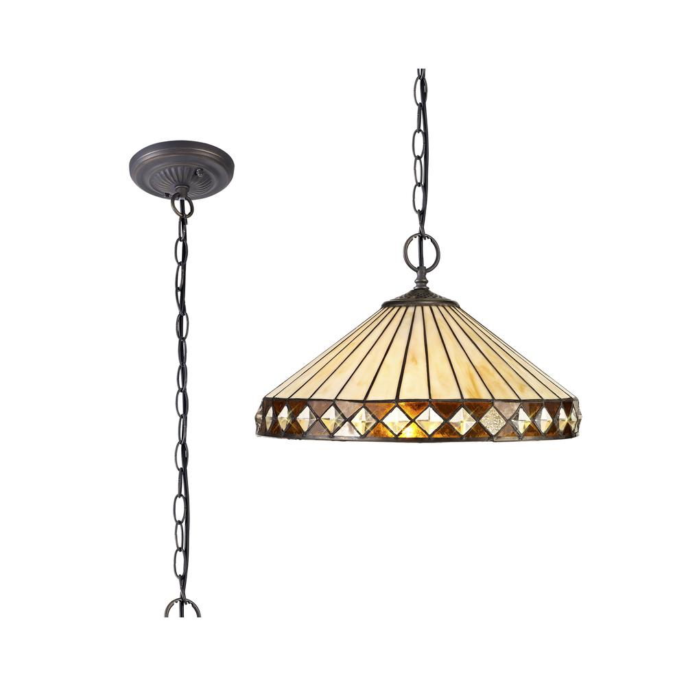 Luxuria Peacock Feather 41cm 2 Light Downlighter Pendant E27 With 40cm Tiffany Shade Amber/Cream/Crystal/Aged Antique Brass