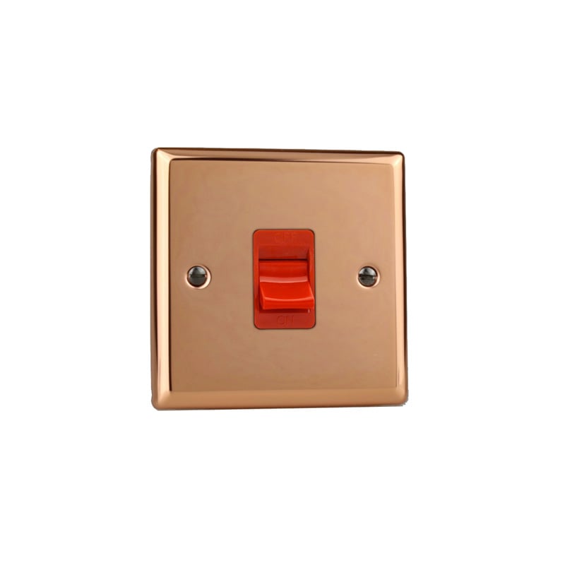 Varilight Urban 45A Single Plate Cooker Switch with Red Rocker Polished Copper (Standard Plate)
