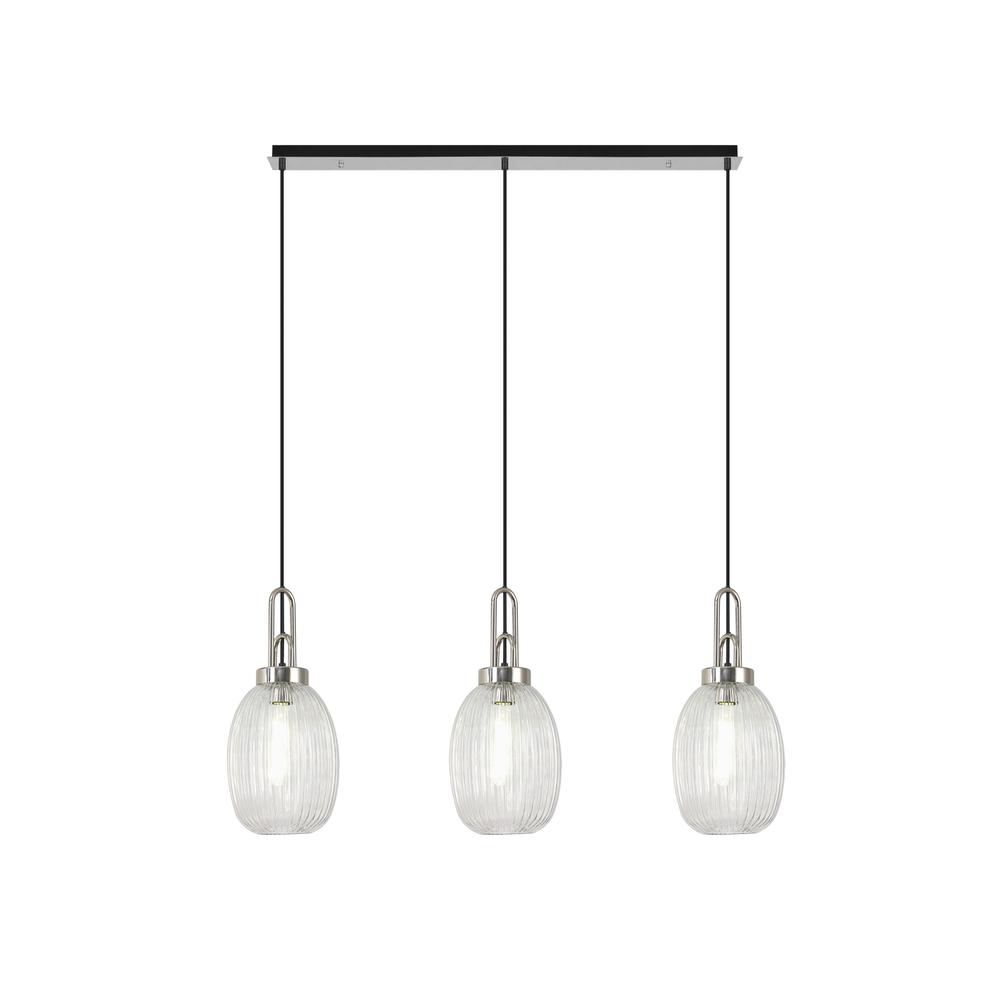 Luxuria Kennith Linear 3 Light Pendant E27 With 20cm Almond Ribbed Glass Clear Polished Nickel/Matt Black