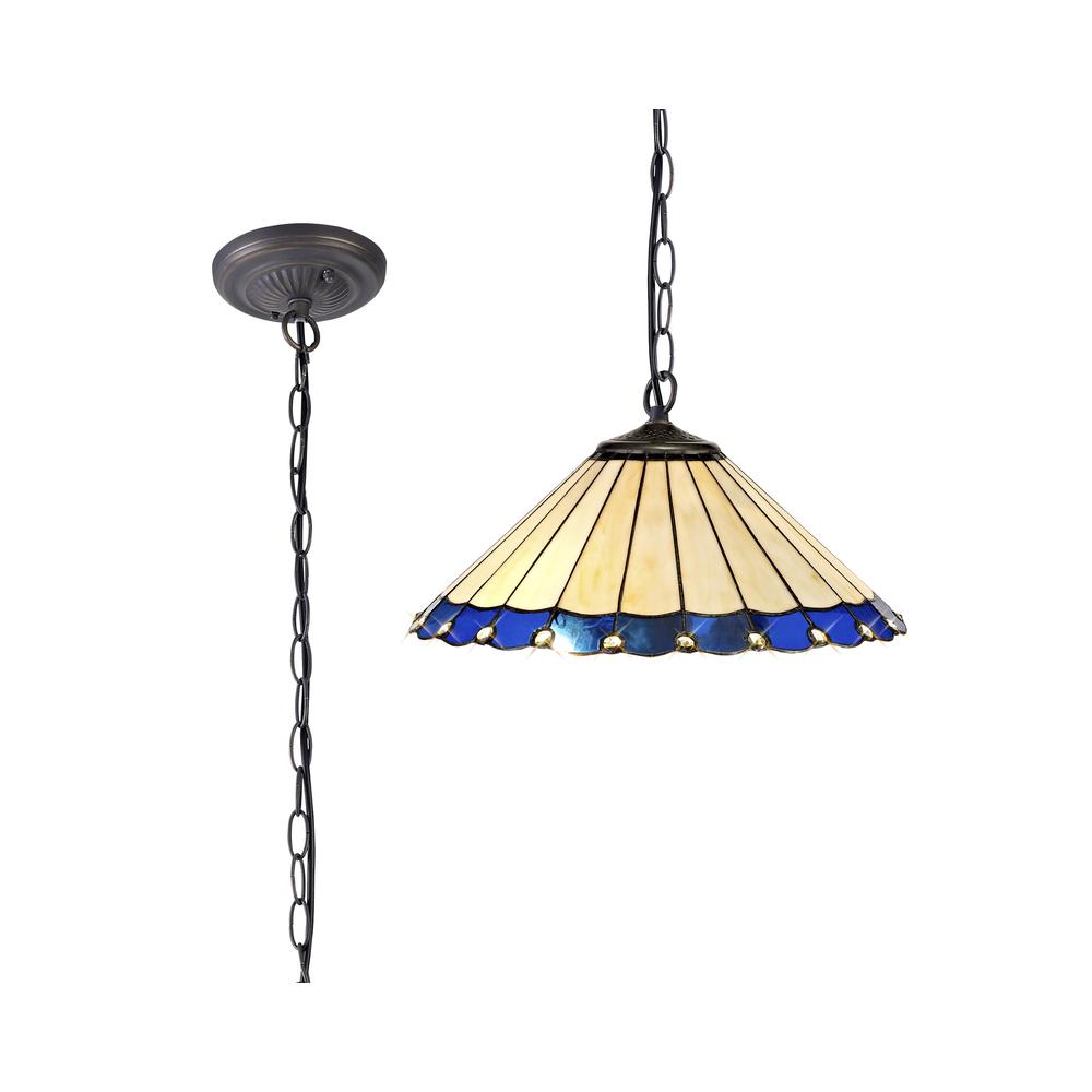 Luxuria Sleek 40.5cm 1 Light Downlighter Pendant E27 With 40cm Tiffany Shade Blue/Cream/Crystal/Aged Antique Brass