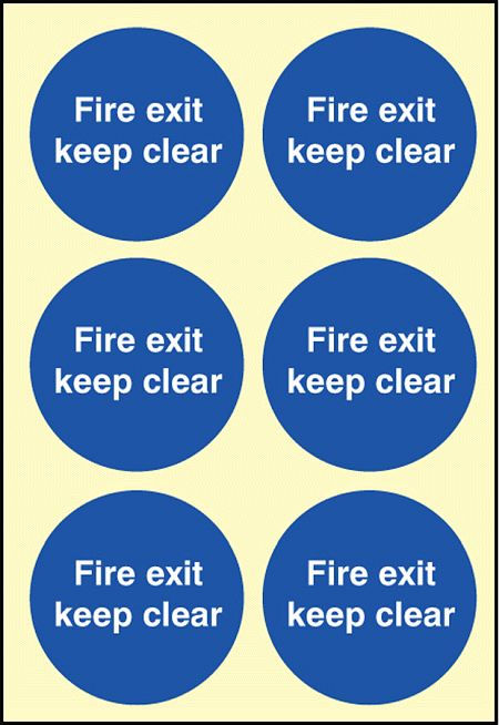 Fire exit keep clear 65mm dia - sheet of 6 photoluminescent