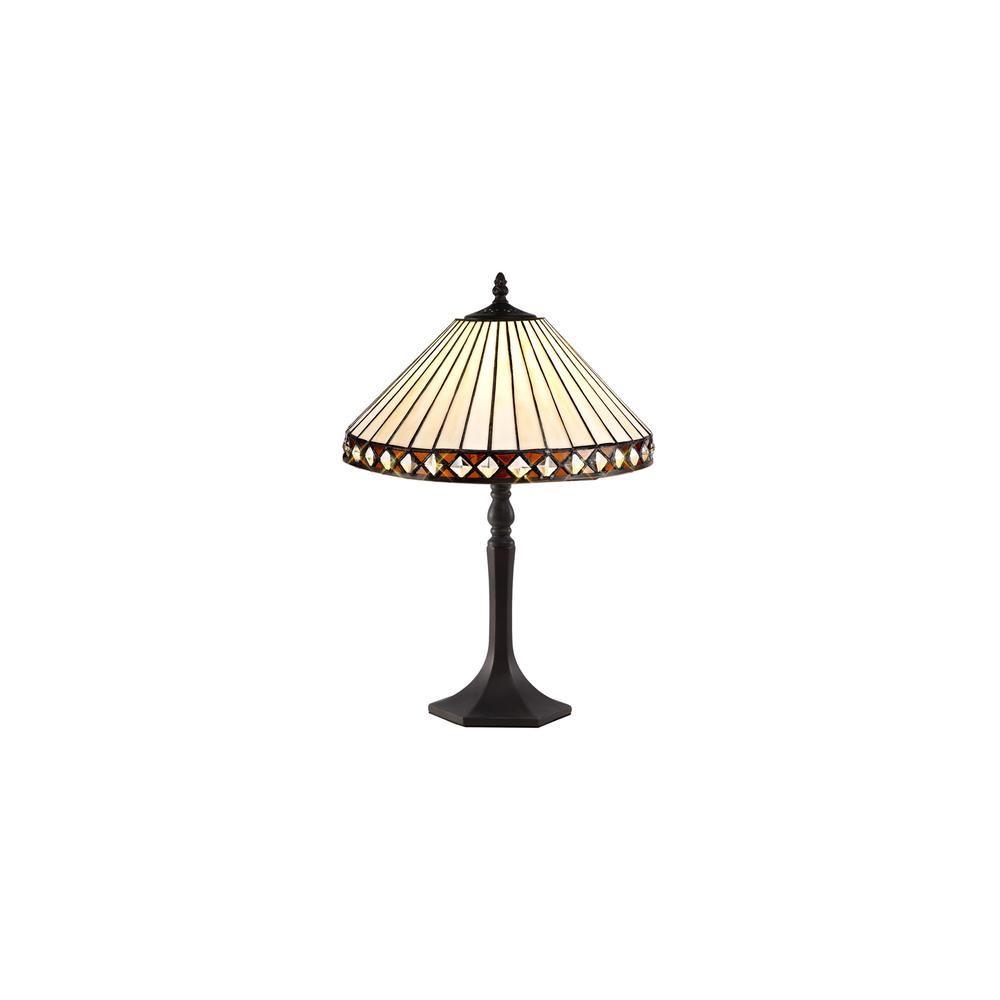 Luxuria Peacock Feather 1 Light Octagonal Table Lamp E27 With 30cm Tiffany Shade Amber/Cream/Crystal/Aged Antique Brass