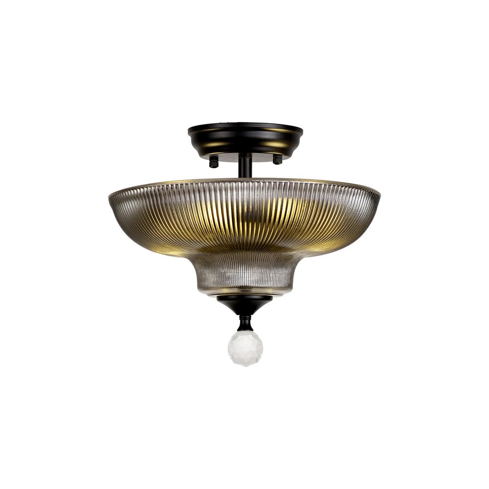 Luxuria Sirius Flush Ceiling Light 2xE27 With Round 30cm Glass Shade Matt Black/Smoked