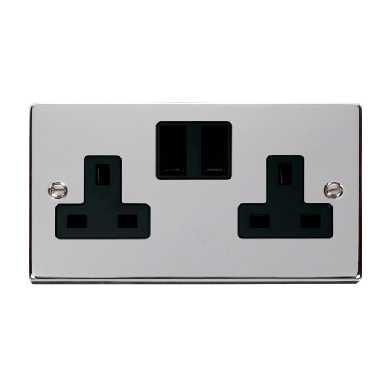 Click Deco 2 Gang 13A DP Switched Socket Outlet (Twin Earth) Polished Chrome Insert Black