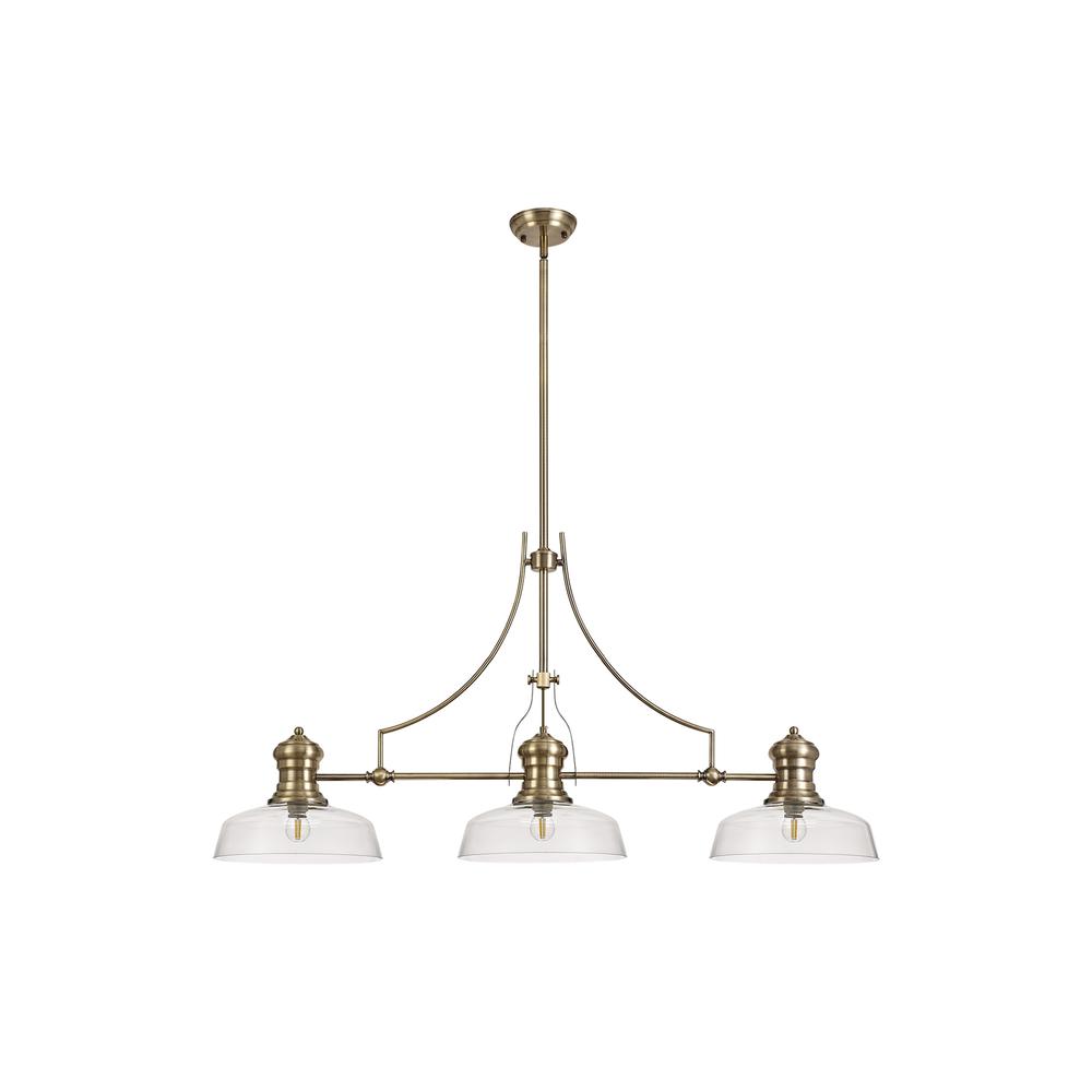 Luxuria Serena 3 Light Linear Pendant E27 With 30cm Flat Round Glass Shade Antique Brass Clear