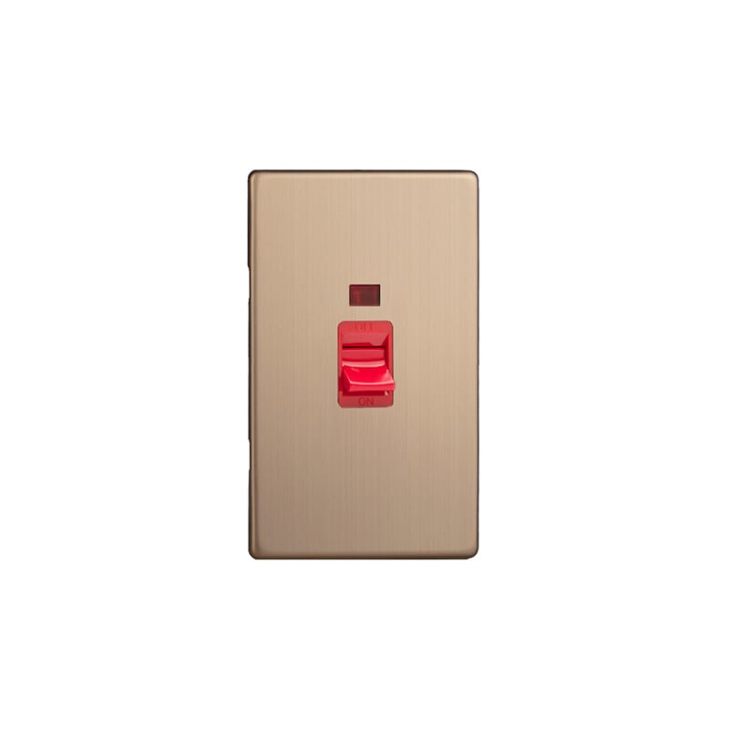 Varilight Urban 45A Cooker Red Rocker Switch with Neon Vertical Twin Plate Brushed Copper Screw Less Plate