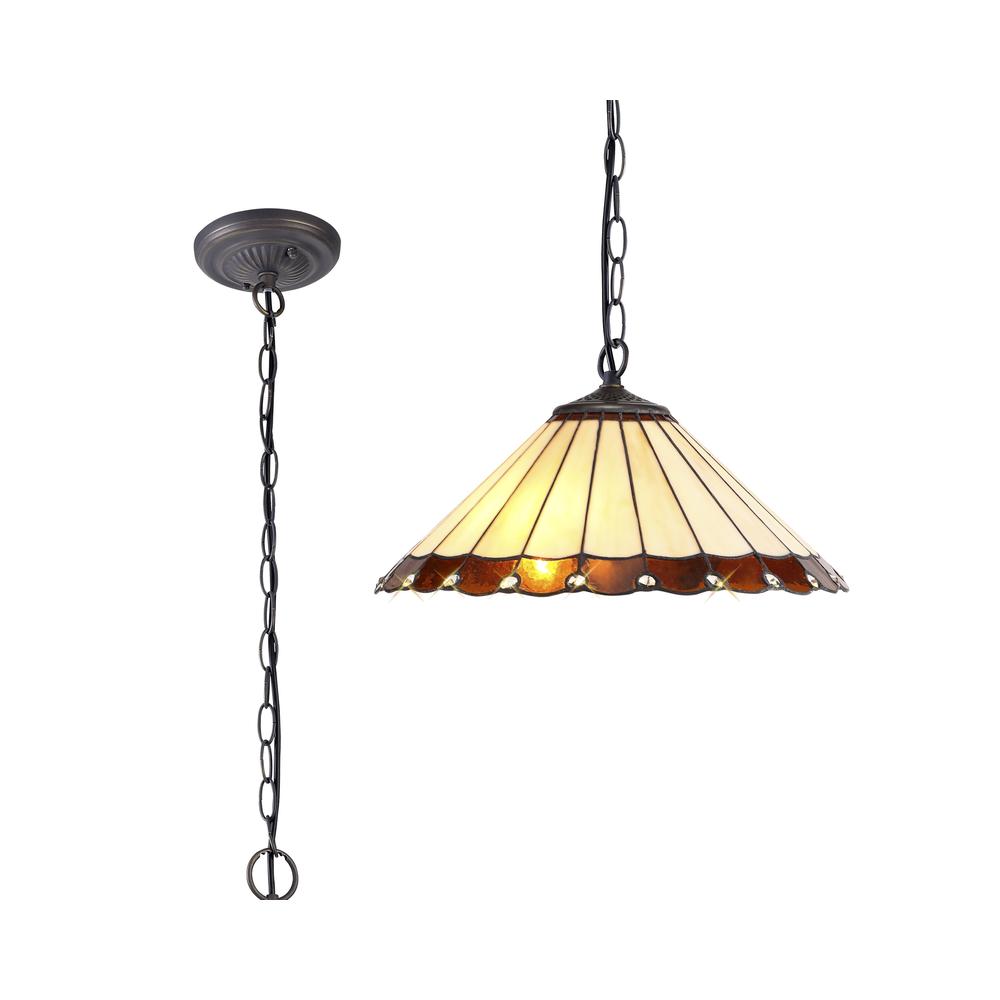 Luxuria Sleek 40.5cm 1 Light Downlighter Pendant E27 With 40cm Tiffany Shade Amber/Cream/Crystal/Aged Antique Brass