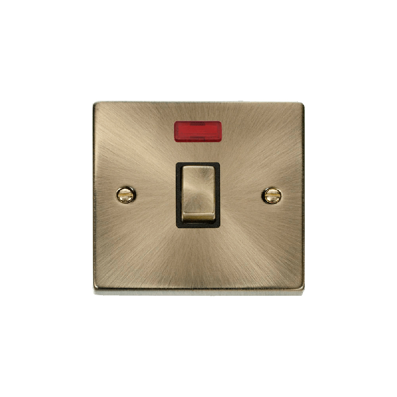 Click Deco 20A 1 Gang DP 'Ingot' Switch with Neon Antique Brass Insert Black