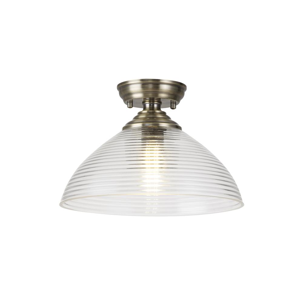 Luxuria Sirius Flush Ceiling Light E27 With Round 33.5cm Prismatic Effect Glass Shade Antique Brass/Clear