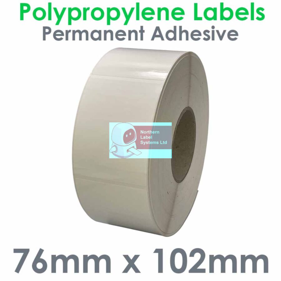 076102GPNP1-2000, 76mm x 102mm, WHITE Polypropylene Label, Permanent Adhesive, 2,000 per roll FOR LARGER LABEL PRINTERS