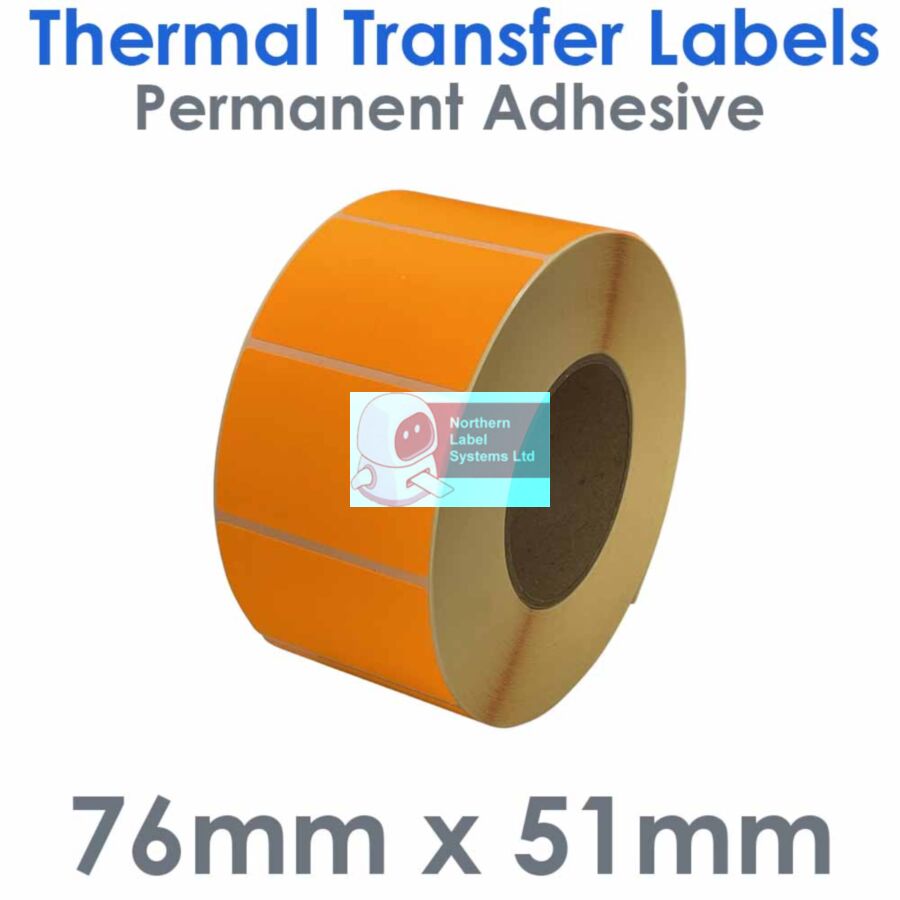 076051TTNPO1-2000FL, 76mm x 51mm, FLUORESCENT ORANGE Thermal Transfer Labels, 2,000 per roll, FOR LARGER LABEL PRINTERS