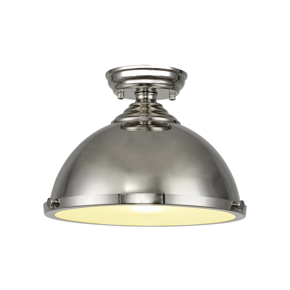 Luxuria Sirius Flush Ceiling Light E27 With Round 31cm Metal Shade Polished Nickel/Frosted White