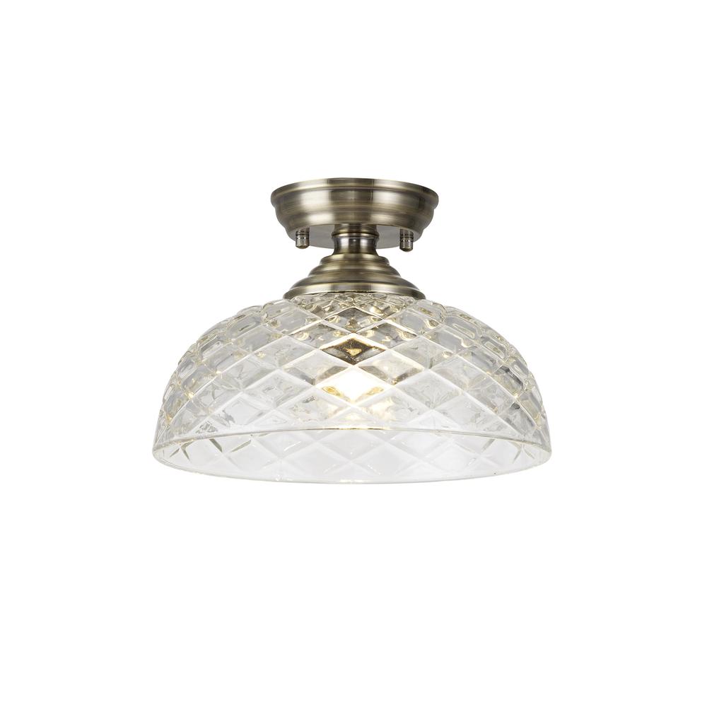 Luxuria Sirius Flush Ceiling Light E27 With Flat Round 30cm Patterned Glass Shade Antique Brass/Clear