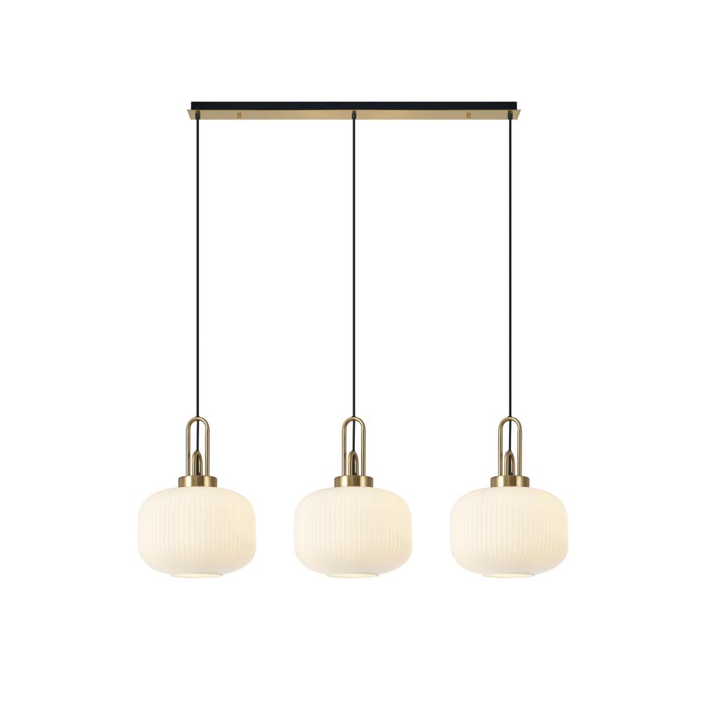 Luxuria Kennith Linear 3 Light Pendant E27 Brass Gold/Matt Black With 30cm Pumpkin Shaped Ribbed Opal Glass