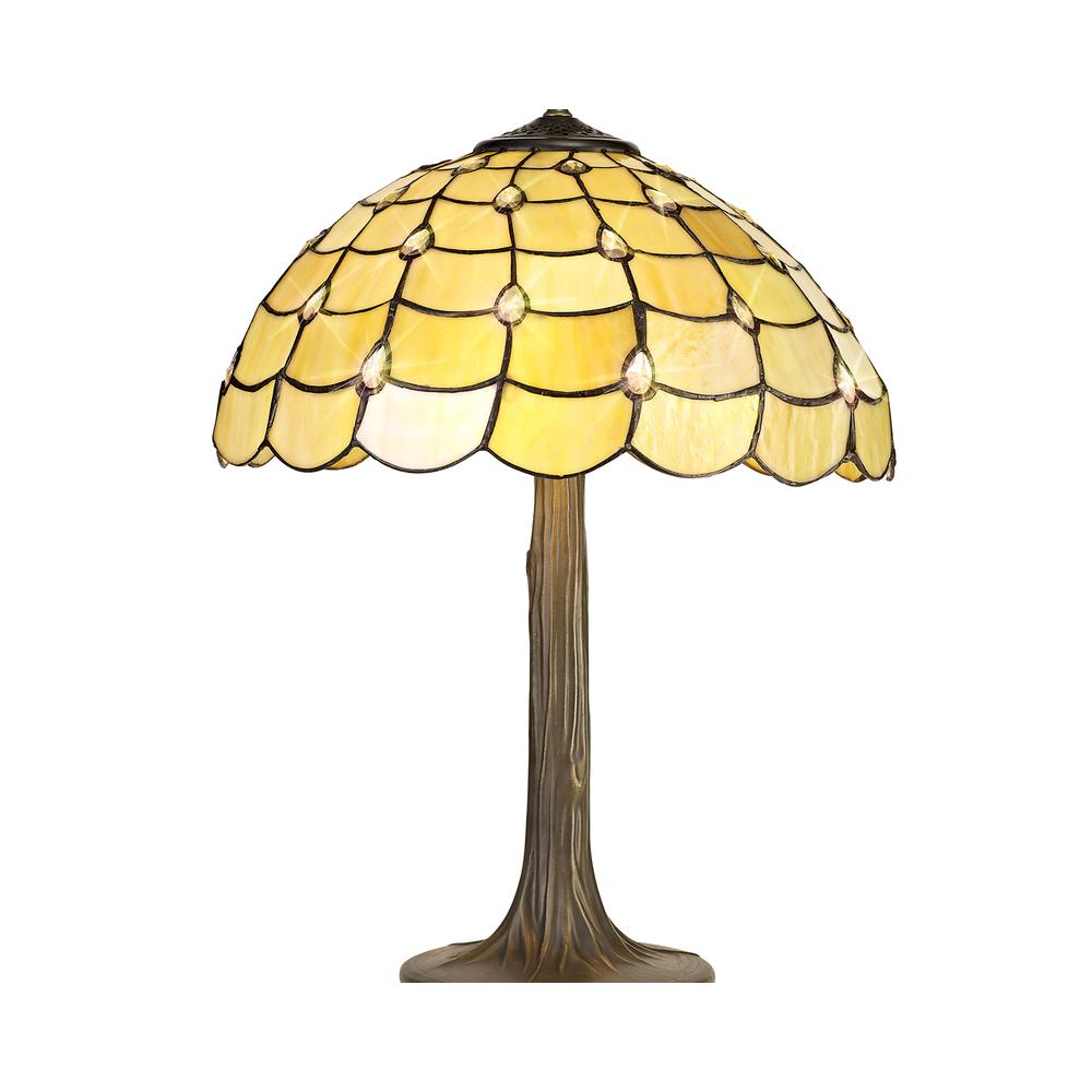 Luxuria Luna 2 Light Tree Like Table Lamp E27 With 40cm Tiffany Shade Beige/Clear Crystal/Aged Antique Brass