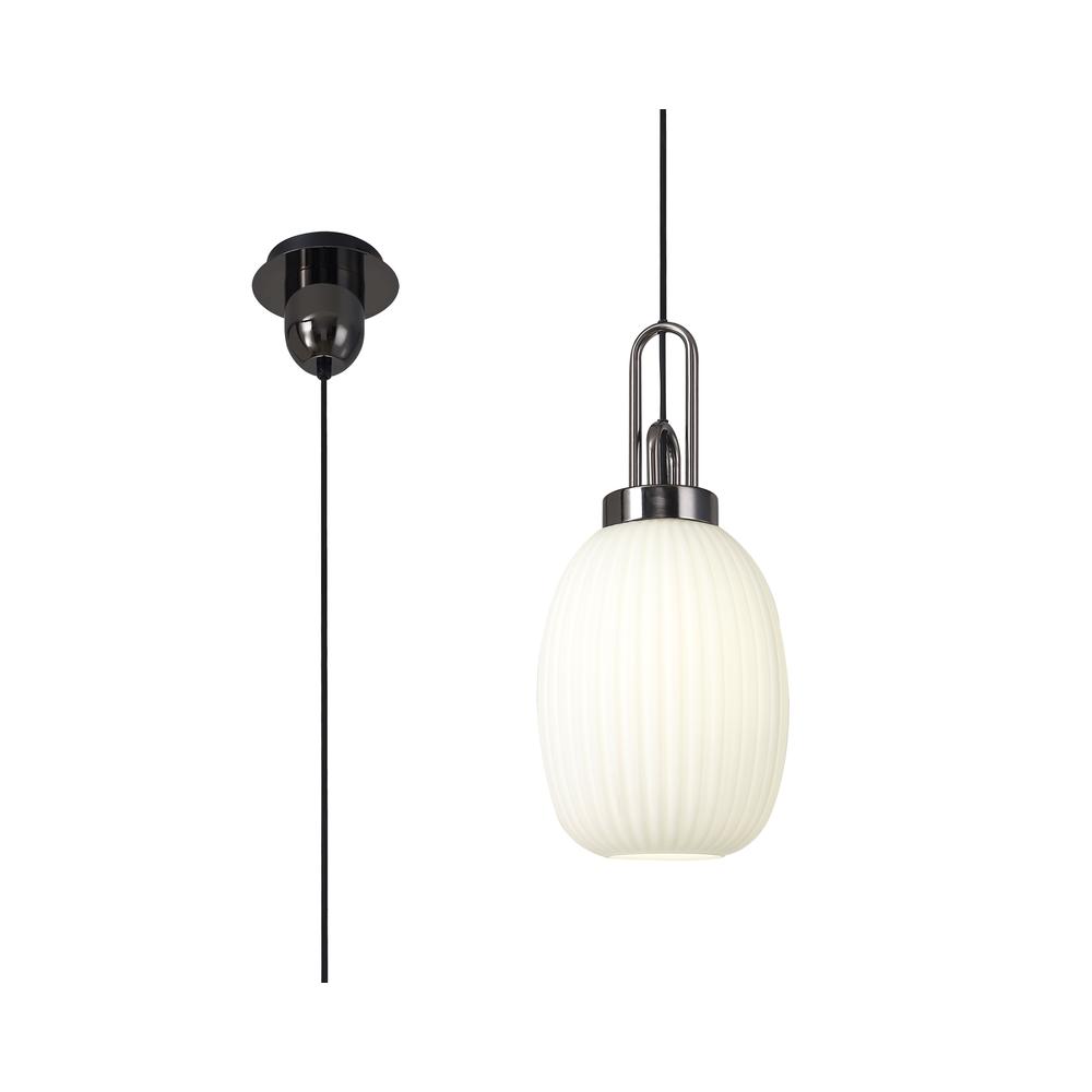 Luxuria Kennith Pendant Light E27 With 20cm Almond Ribbed Glass Opal Black Chrome/Matt Black