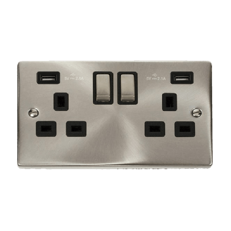 Click Deco 13A Ingot 2G Switched Socket With Twin USB 4.2A Outlets Satin Chrome Insert Black