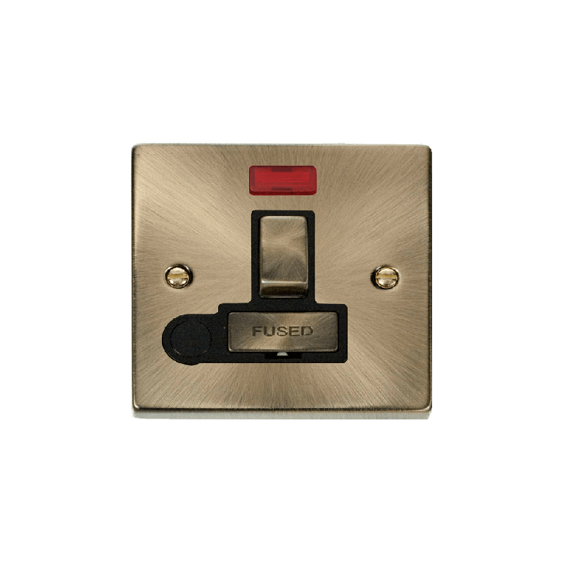 Click Deco 13A Fused 'Ingot' DP Switched Connection Unit With Flex Outlet & Neon Antique Brass Insert Black