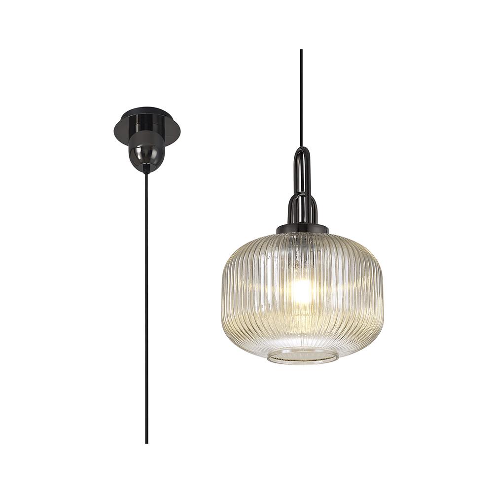 Luxuria Kennith Pendant Light E27 With 30cm Pumpkin Shaped Ribbed Glass Champagne Black Chrome/Matt Black