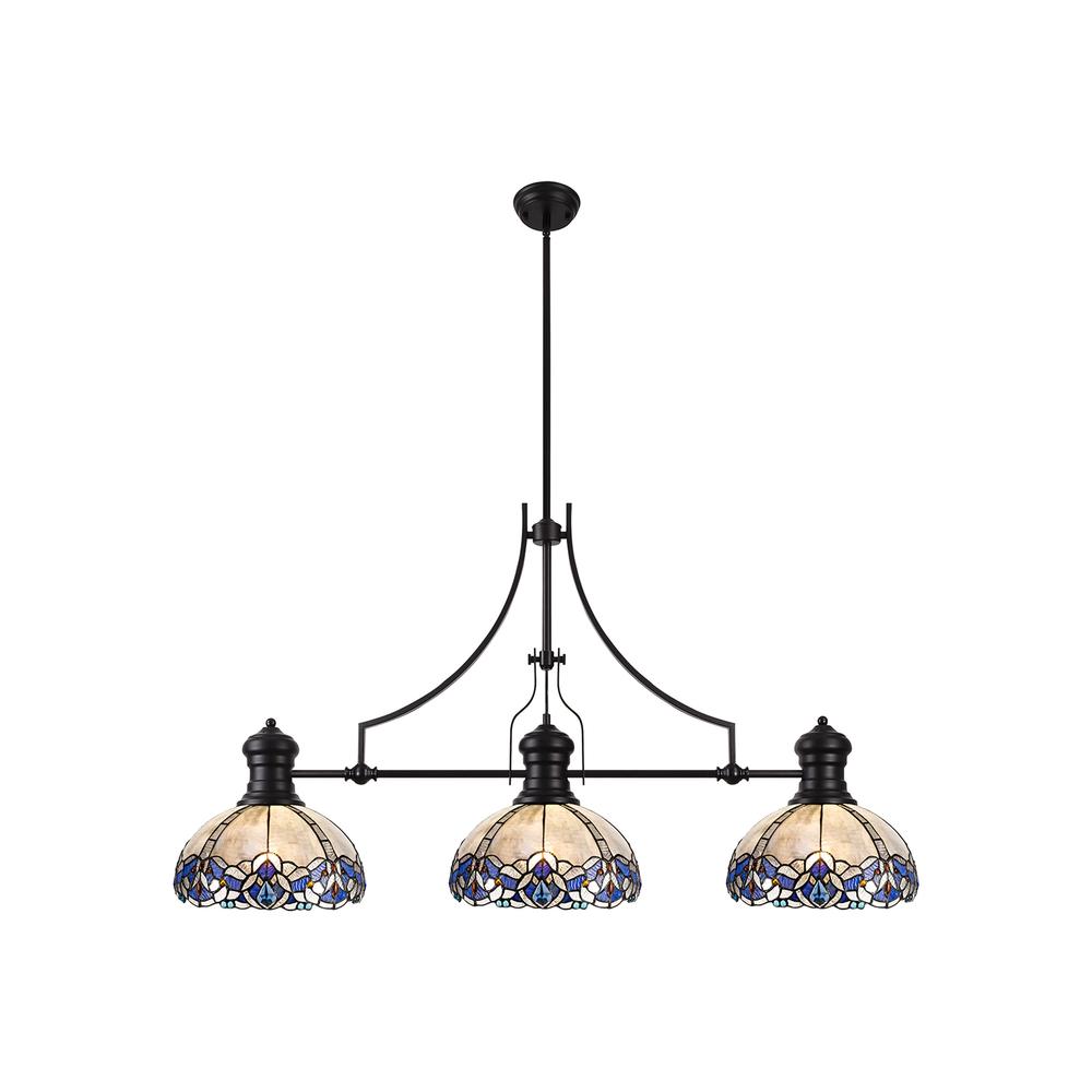 Luxuria Axis 3 Light Linear Pendant E27 With 30cm Tiffany Shade Matt Black Blue Clear Crystal