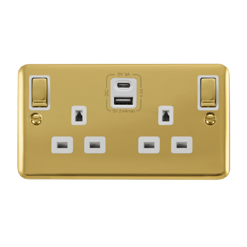 Click Deco Plus 13A Ingot 2G Switched Socket Outlet With Type A & C USB 4.2A Outlets Polished Brass White Inserts